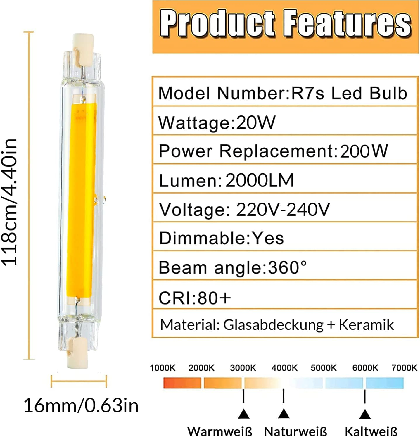 ZUCZUG R7S LED Bulb 118mm 20W Dimmable Lamp, COB Double Ended Reflector Linear L