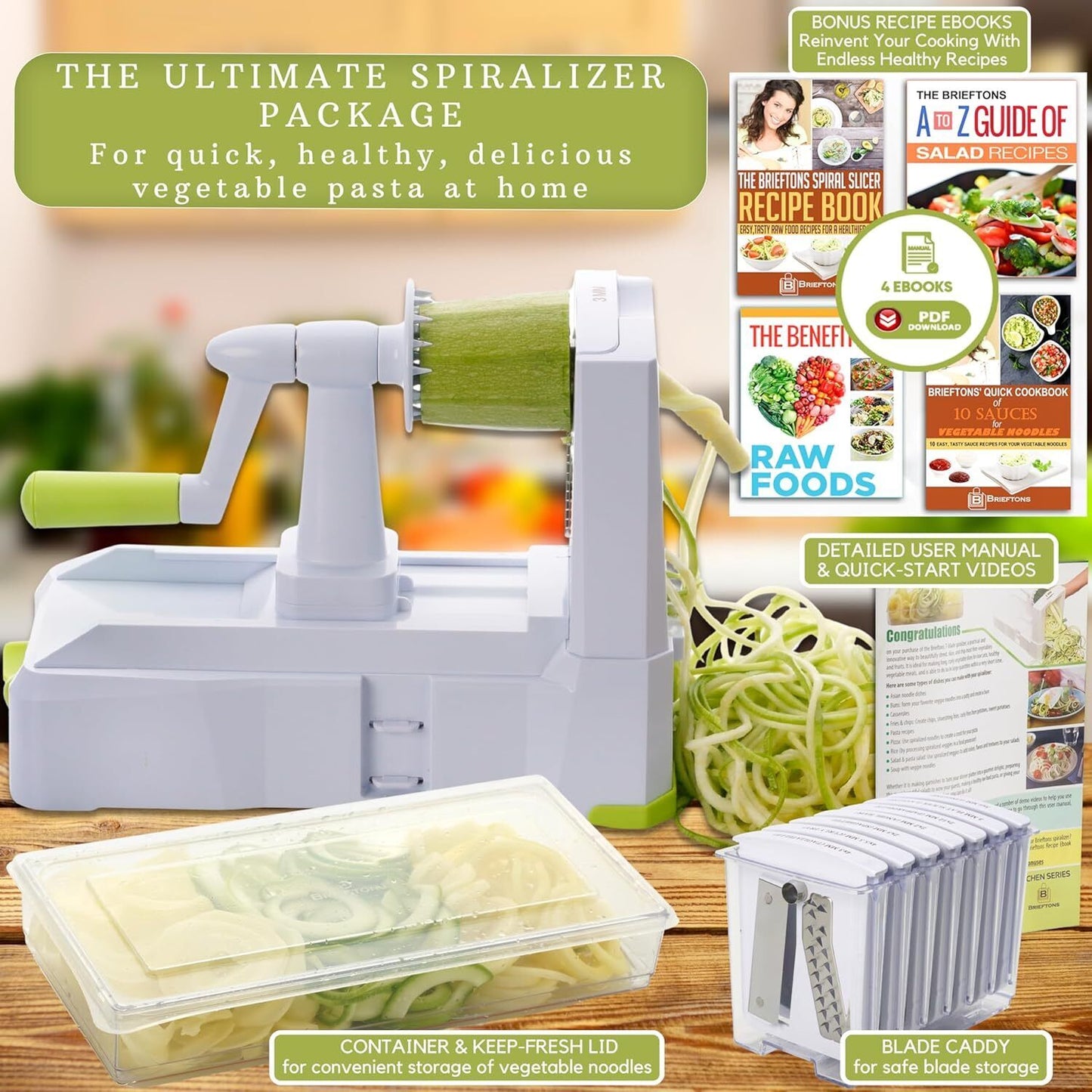 Brieftons 10-Blade Vegetable Spiralizer: Strongest-Heaviest Spiral Slicer, Best