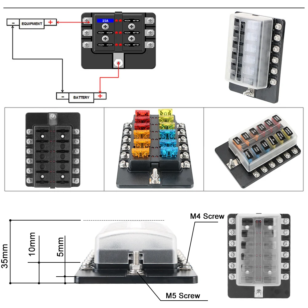 Fuse Box Holder for Auto Car Boat Marine M5 Stud with LED Indicator Light 6 Ways