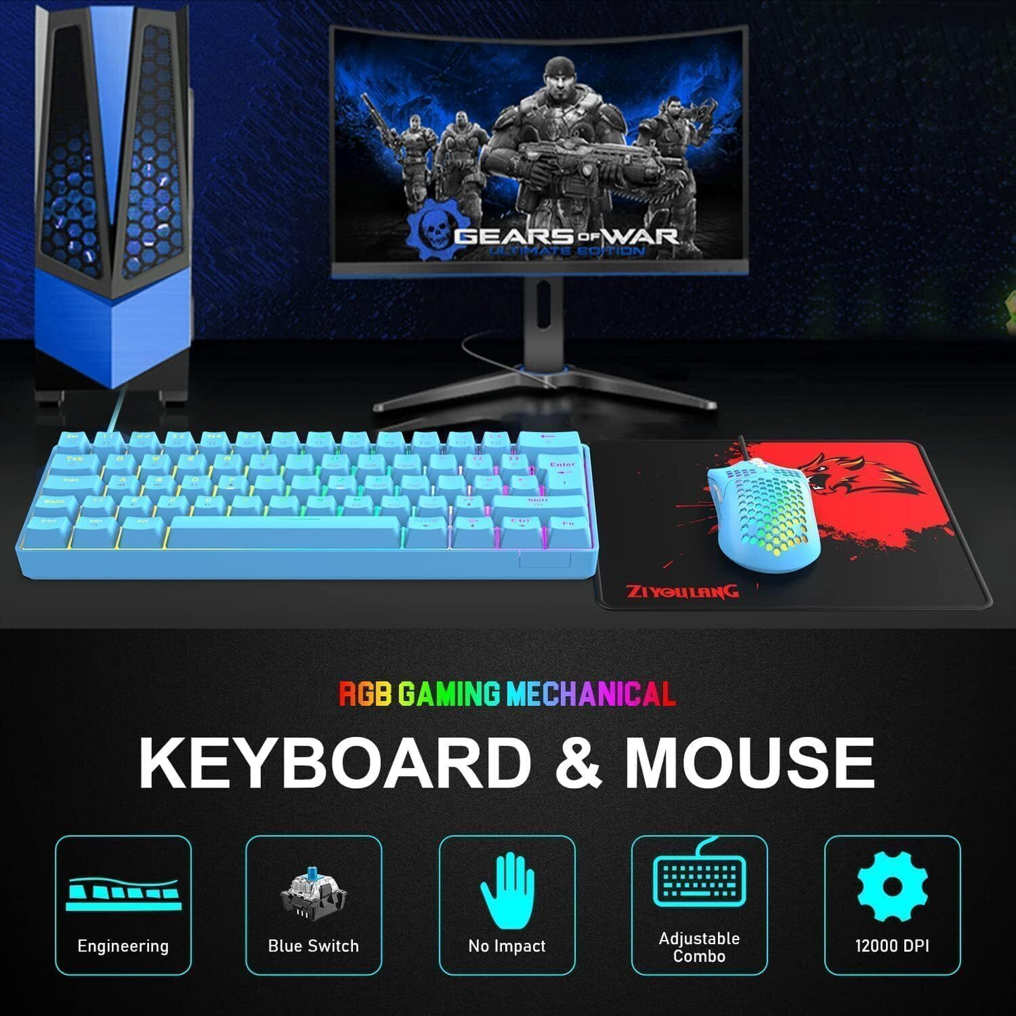 ZIYOU LANG T60 60% Percent Mechanical Gaming Keyboard Mouse [UK Layout] - RGB