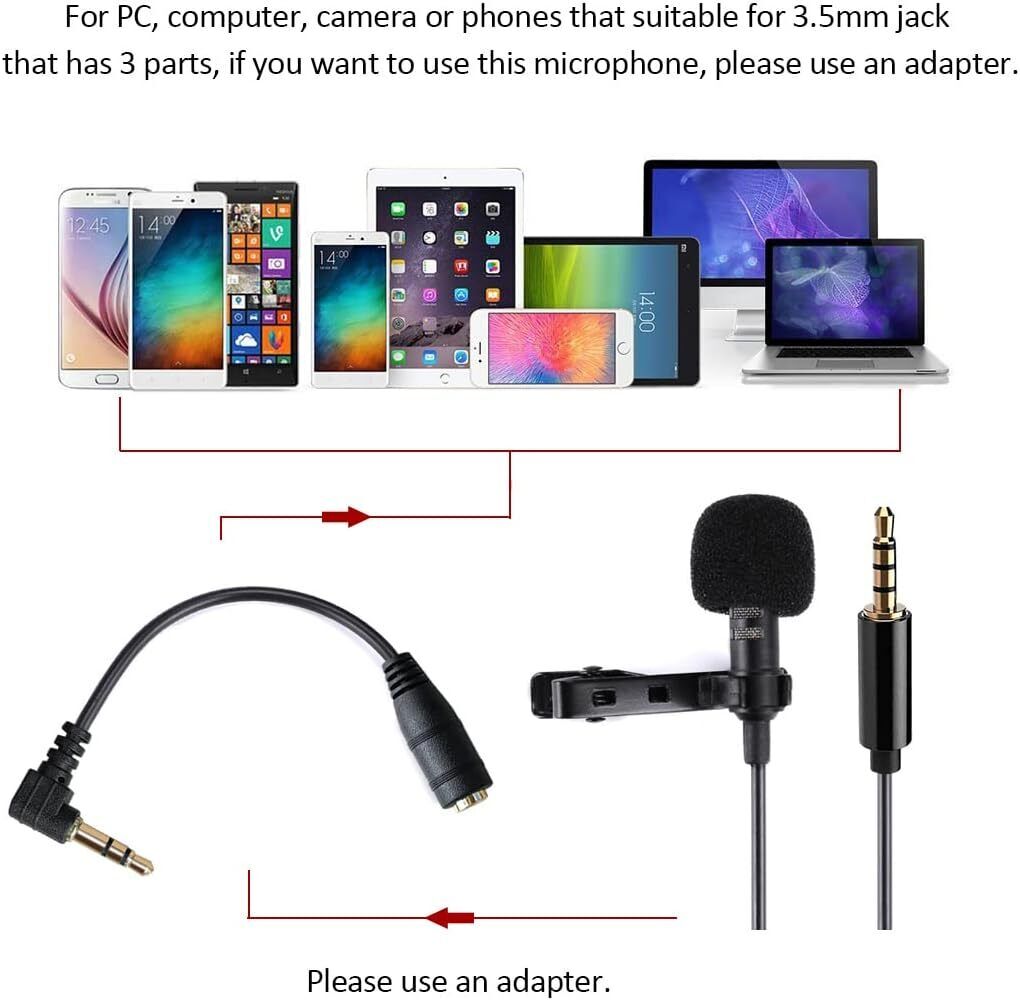 Lavalier Microphone, Professional Grade Omnidirectional Lapel Mic with Easy Clip