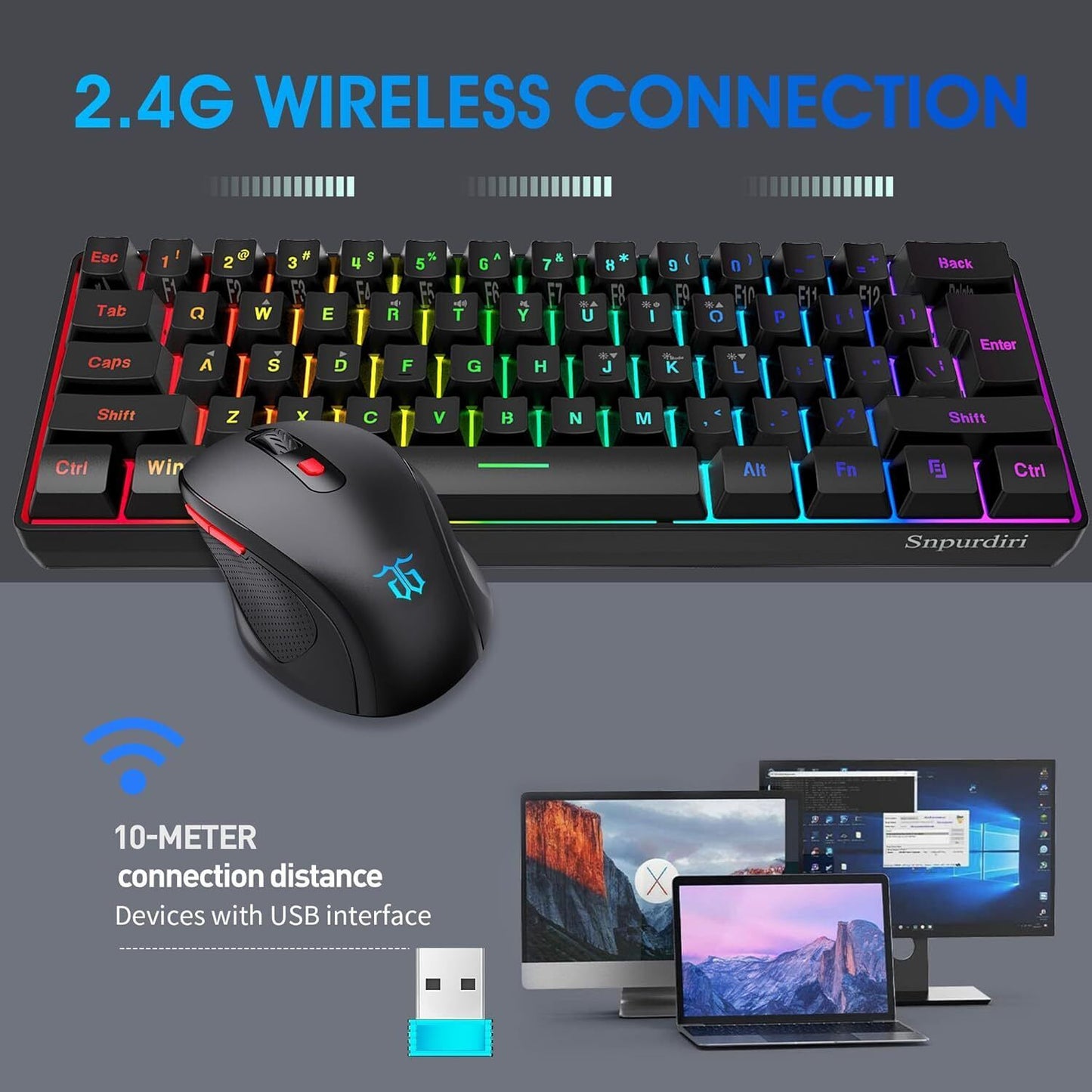 Snpurdiri 2.4G Wireless Gaming Keyboard and Mouse Combo, Include Mini 60% Mercha