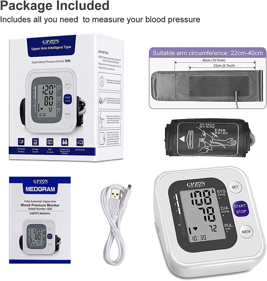 GPZON Blood Pressure Monitor Upper Arm Digital BP Monitor with Large Cuff Fully