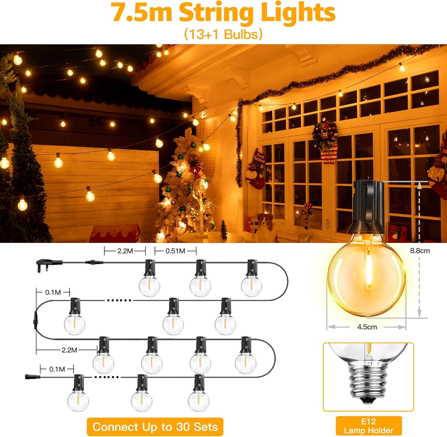 Ollny Festoon Lights Outdoor 7.5m, Christmas LED String Light Mains Powered, Wat