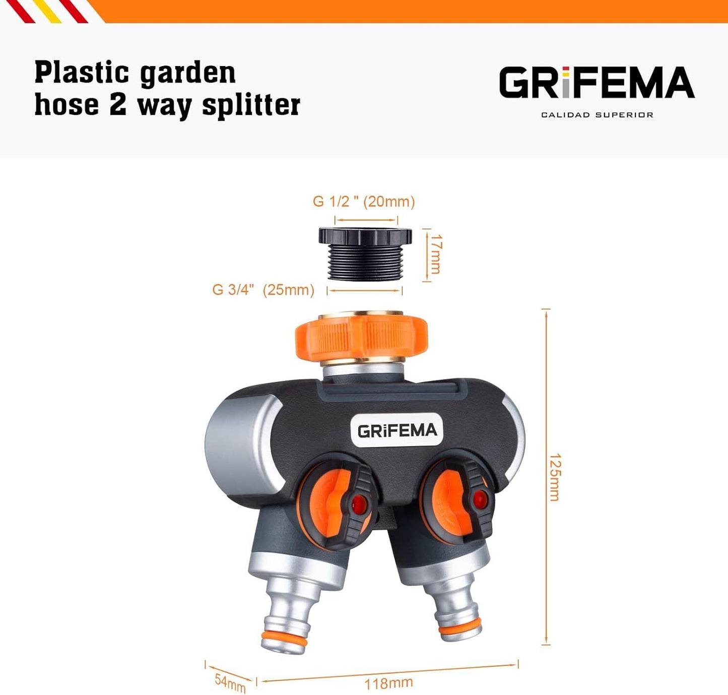 Grifema GE1401-2 Garden Hose Splitter 2 Way, Double Hose Connector, Y Valve Wate