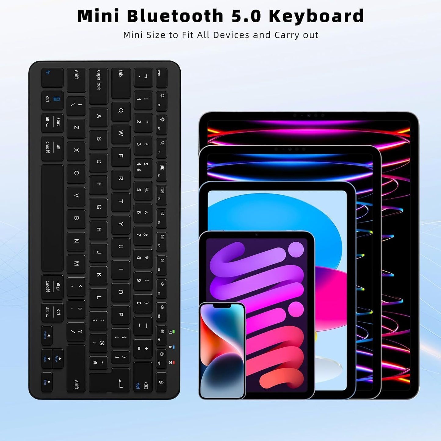 Bluetooth Wireless Keyboard, Mini Keyboard Rechargeable USB-C with Media Hotkeys