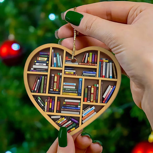 Book Lovers Heart-Shaped Bookshelf Pendant Ornament Christmas Tree Decor Gifts