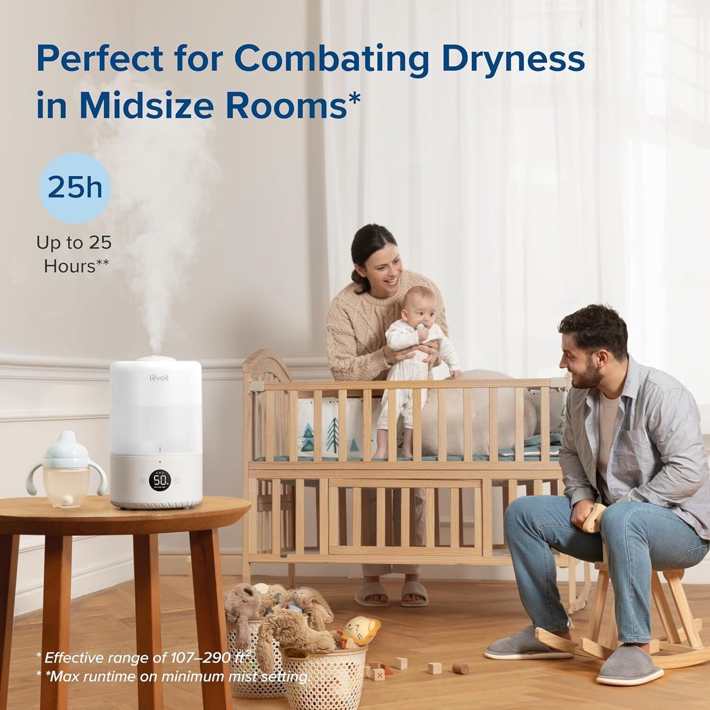 Humidifiers for Bedroom 3L, Top-Fill Cool Humidifier for Baby Room & Home, Smart