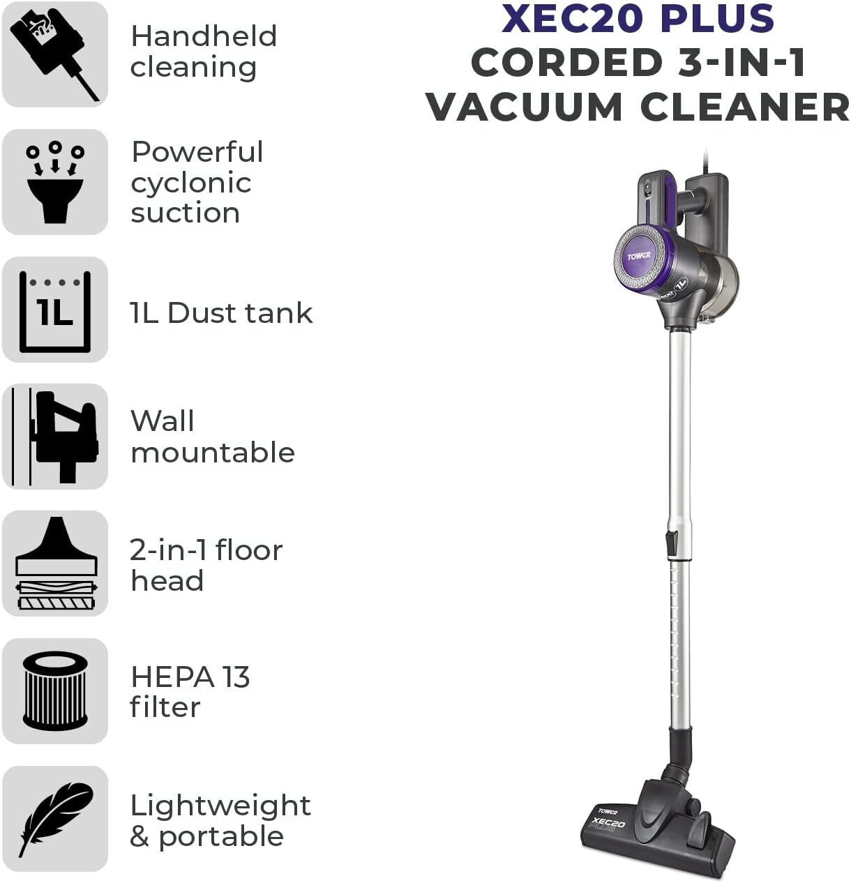 Tower T513005 Pro Corded 3-in-1 Vacuum Cleaner with Cyclonic Suction, Built-in H