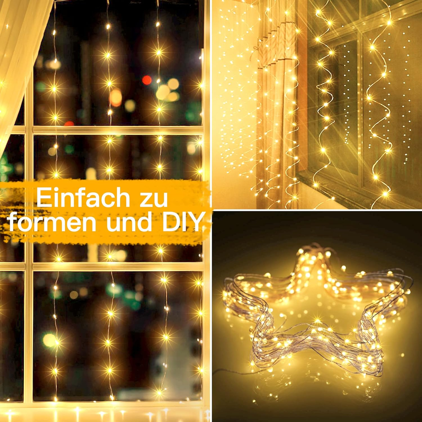 Curtain Fairy Lights 300 LED, USB Copper Wire, Warm White - 3M X 3M