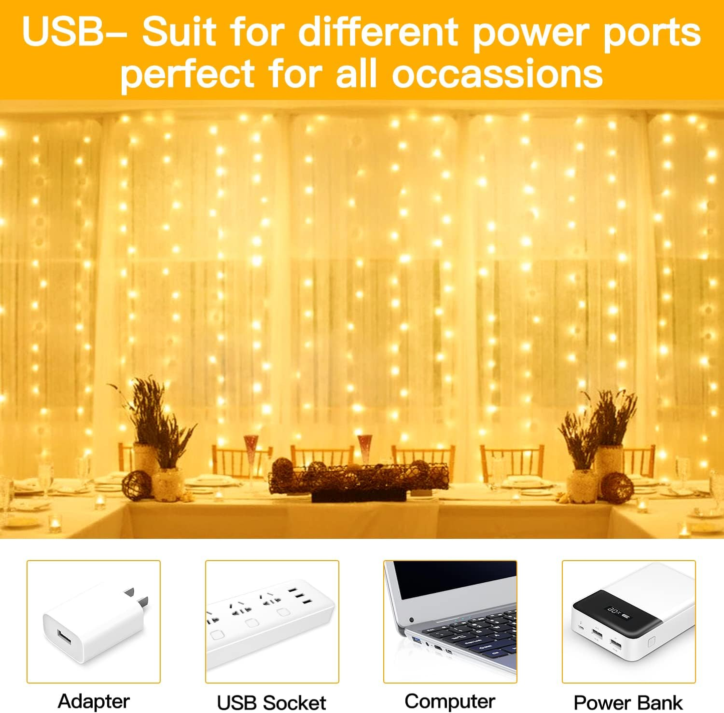 Curtain Fairy Lights 200 LED, USB Copper Wire, Warm White - 2M X 2M