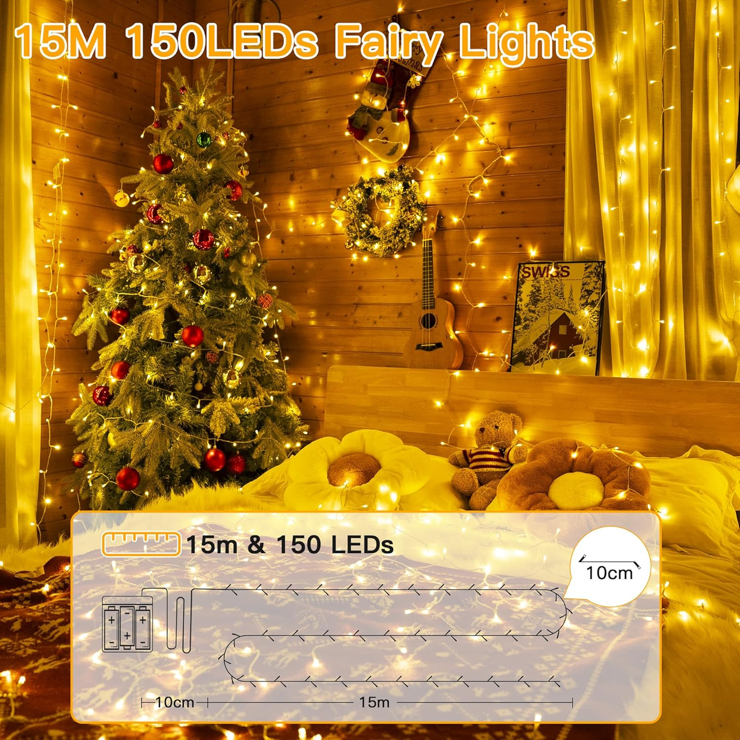 Ollny Fairy Lights Battery Operated,15M 150 LED Bright Battery Powered String Li