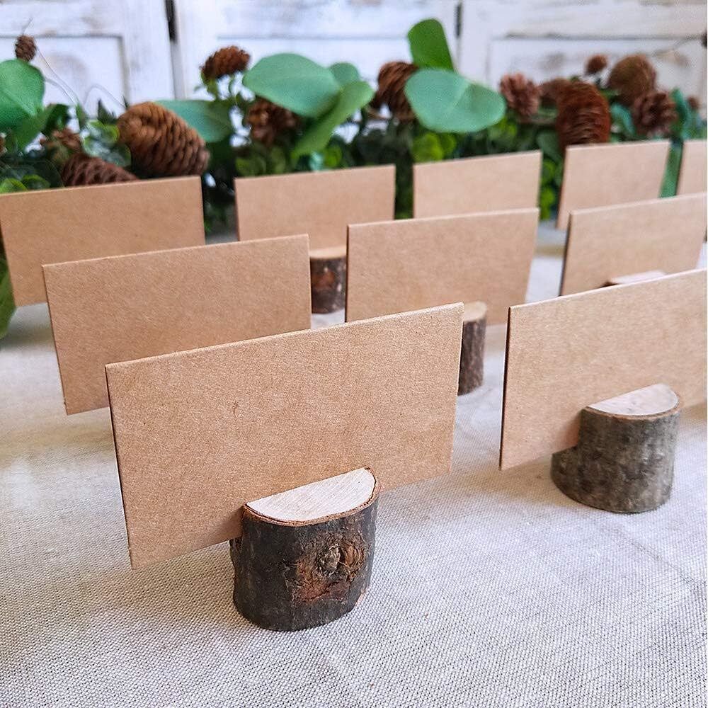 Place Card Holders, Rustic Real Wood with Wooden Bark Table Card Holder, Number