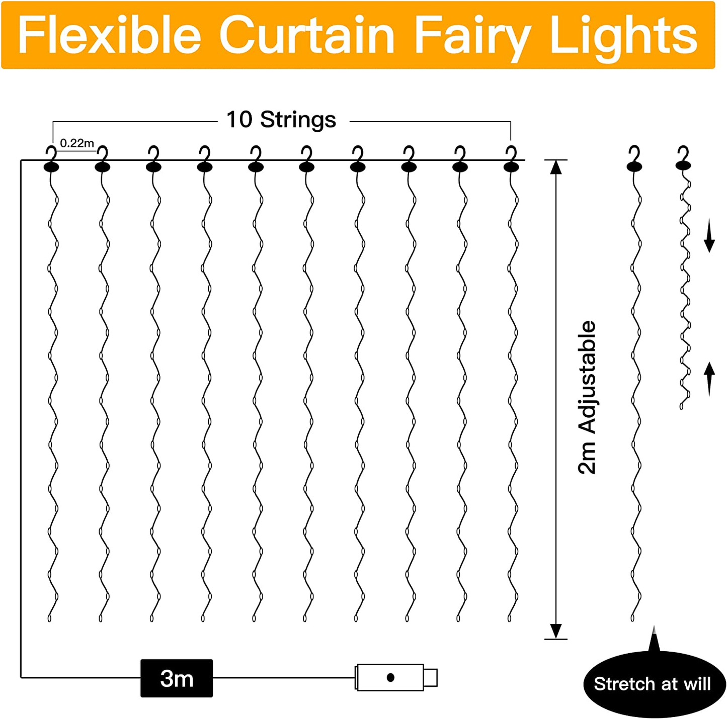 Curtain Fairy Lights 200 LED, USB Copper Wire, Warm White - 2M X 2M