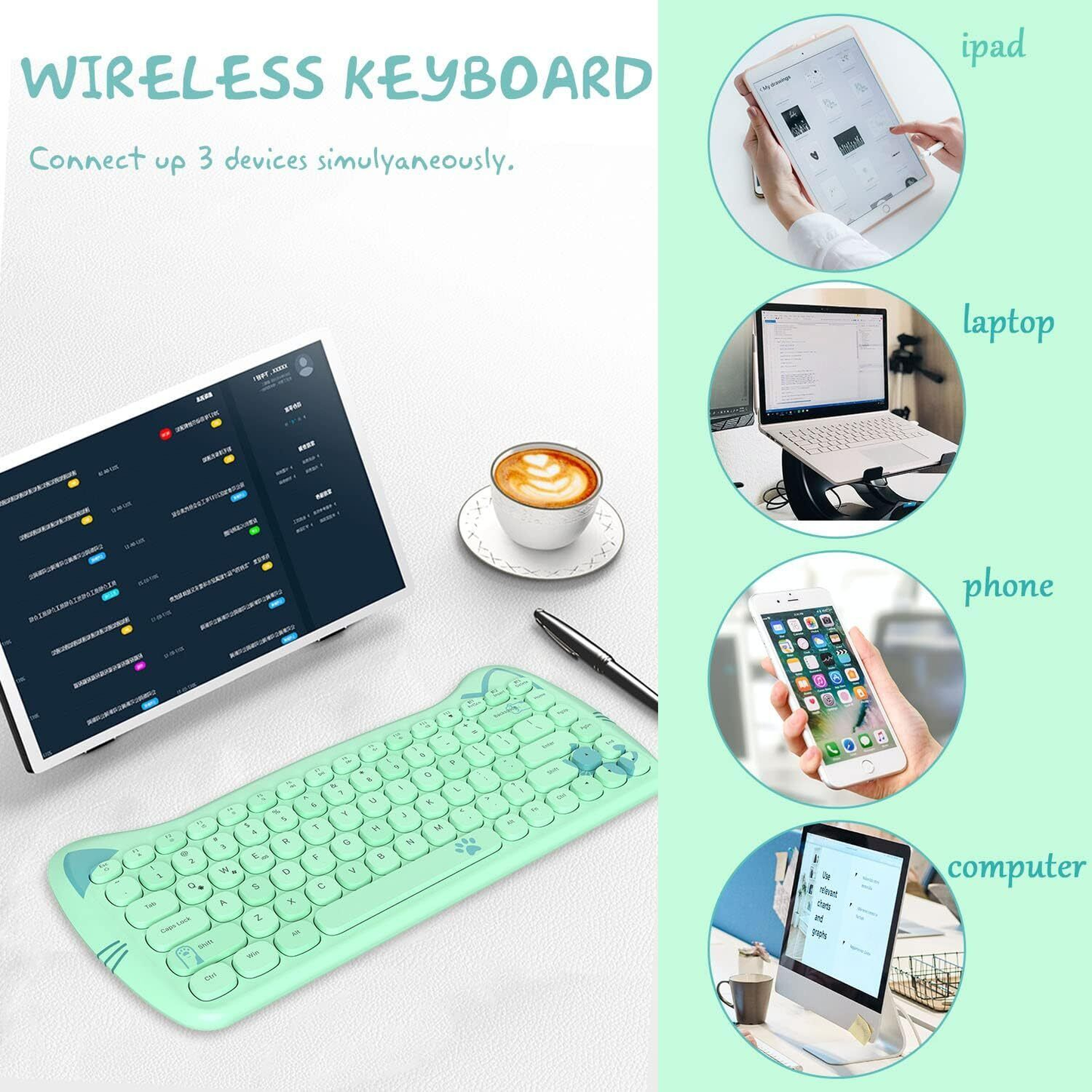 ZIYOU LANG 3060I Wireless Cute Computer Keyboard 80% Percent Lovely Cat Retro Si