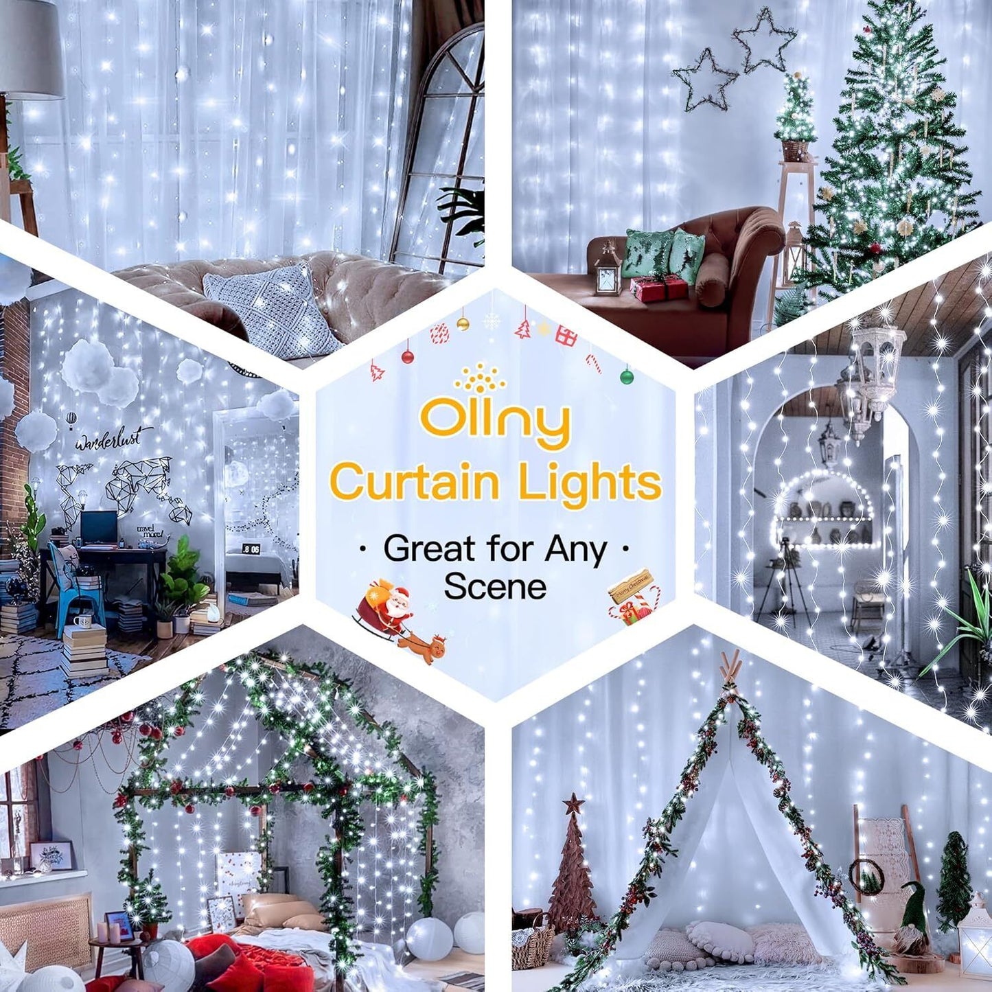 Ollny Curtain Fairy Lights, 200 LED 2m x 2m USB String Light Indoor Outdoor Wate