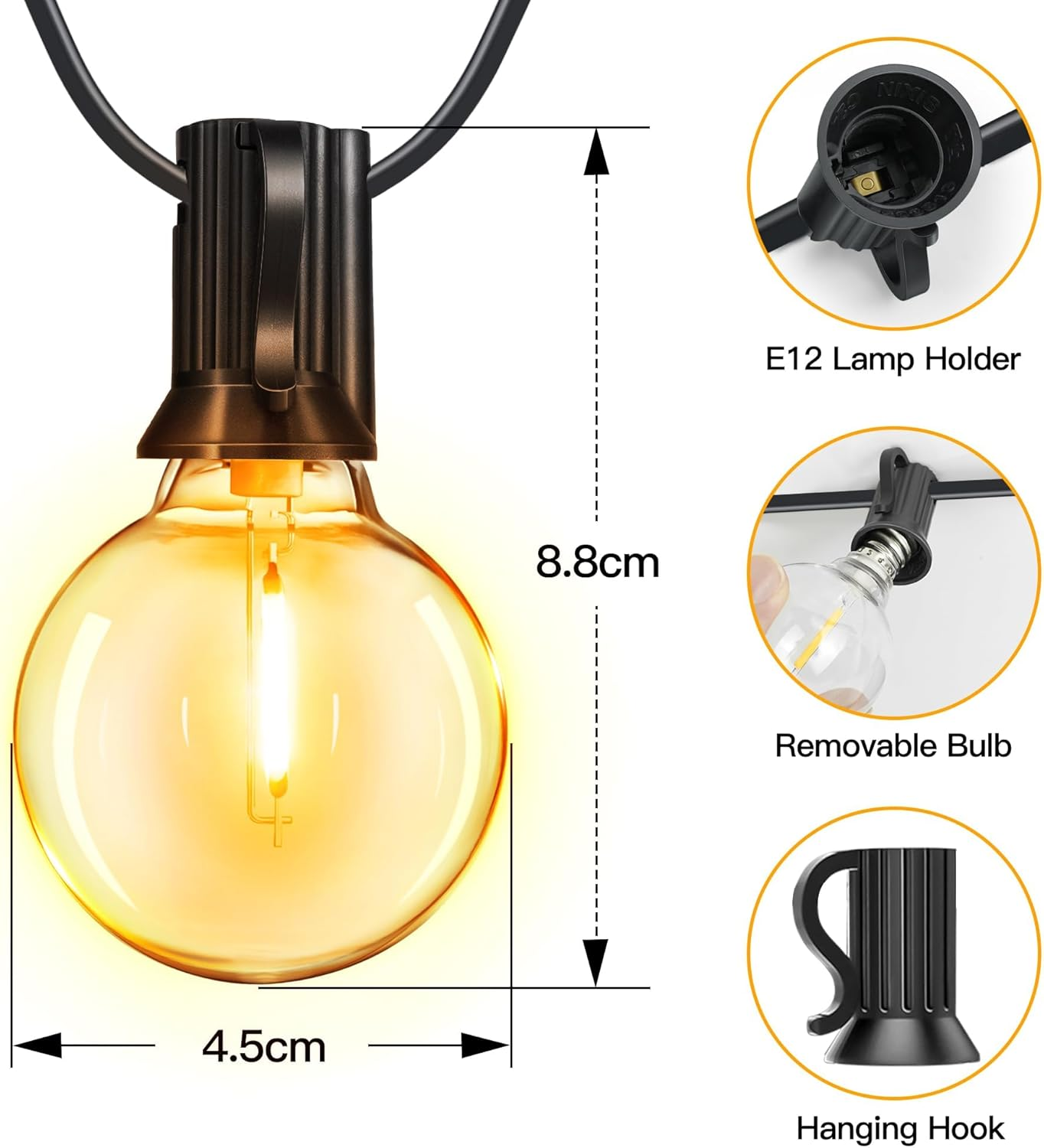 Ollny Festoon Lights Outdoor 7.5m, Christmas LED String Light Mains Powered, Wat