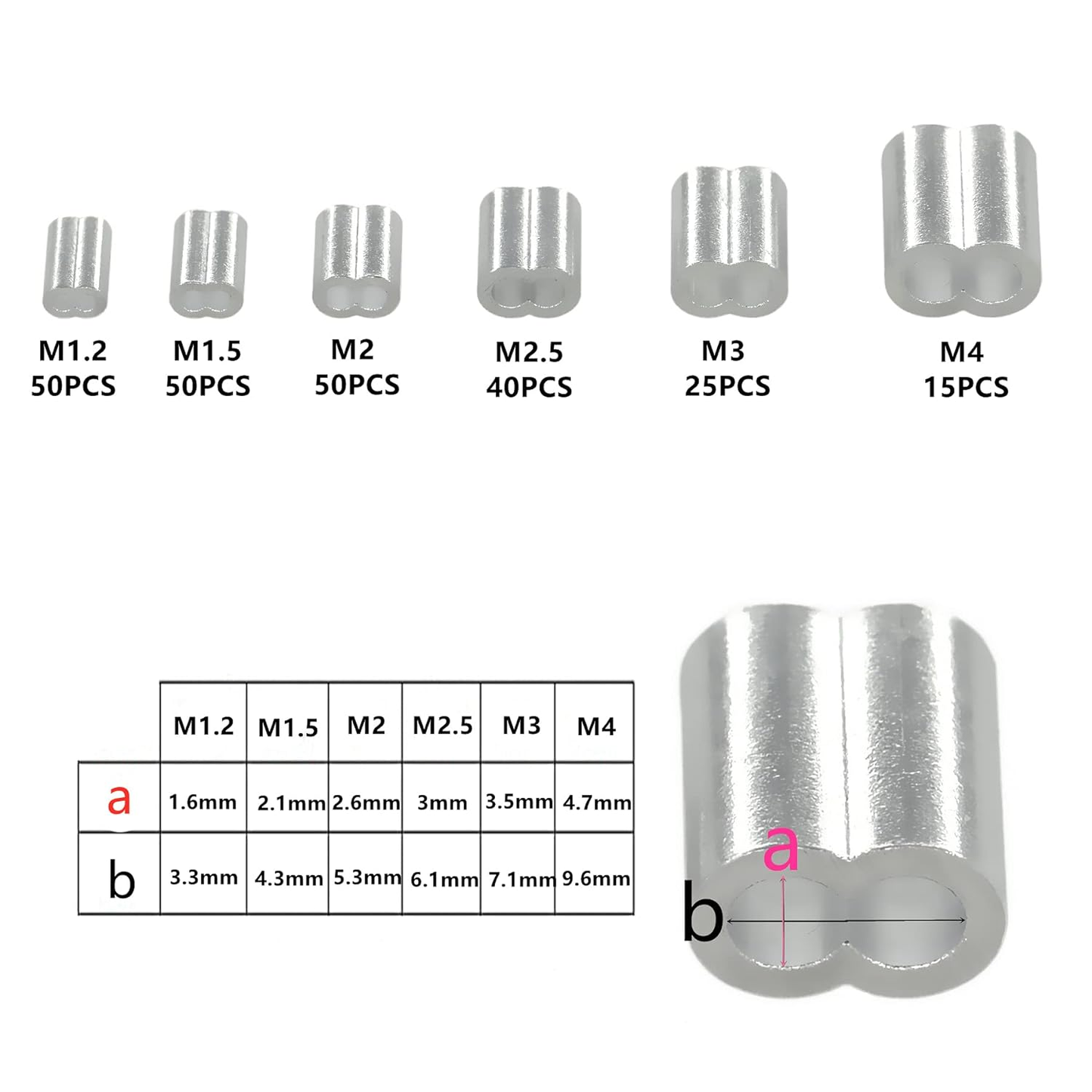 230 PCS Wire Rope Crimping Loop Sleeves, Aluminum Sleeves Clips, 6 Sizes of Wire