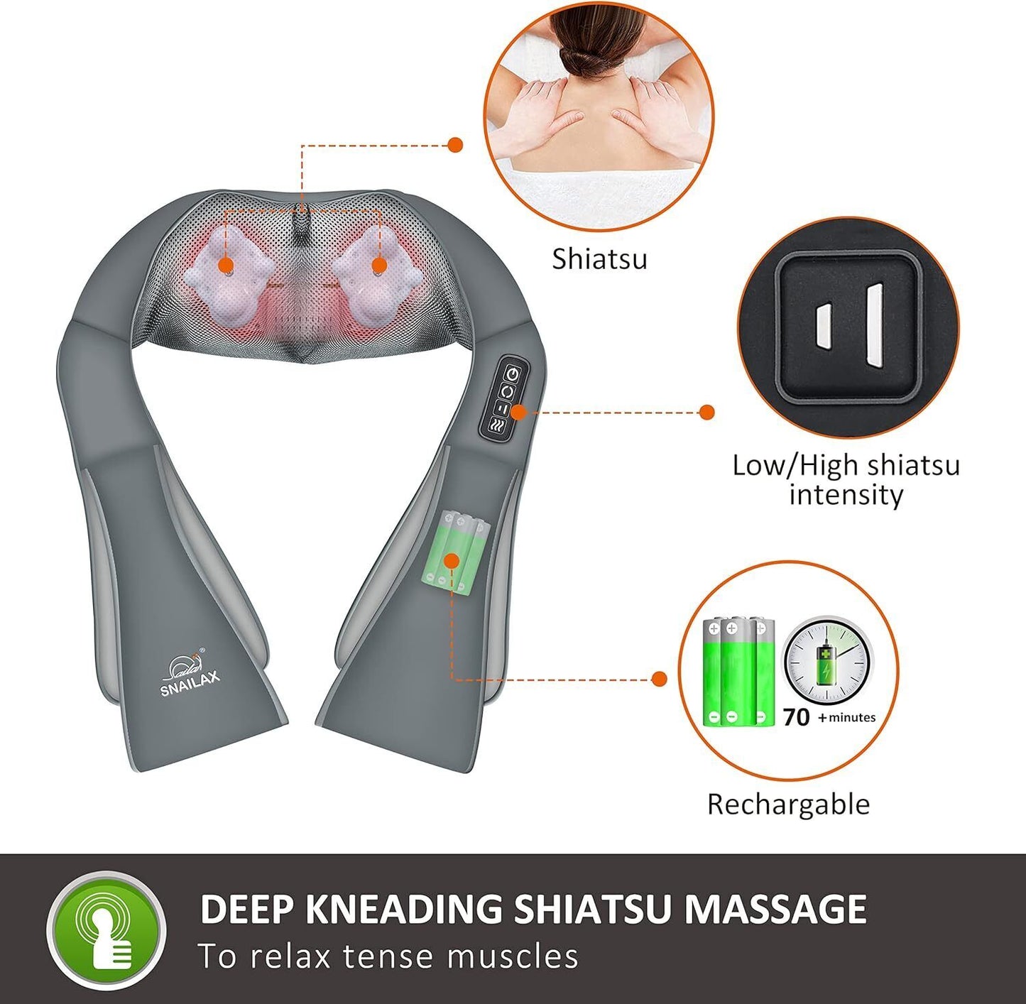 Snailax Cordless Shiatsu Neck Back Massager with Heat, Shoulder Massager, Portab