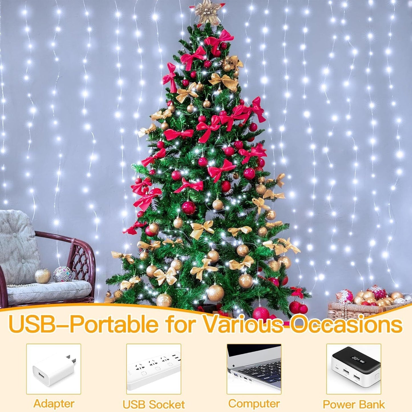 Ollny Curtain Fairy Lights, 200 LED 2m x 2m USB String Light Indoor Outdoor Wate