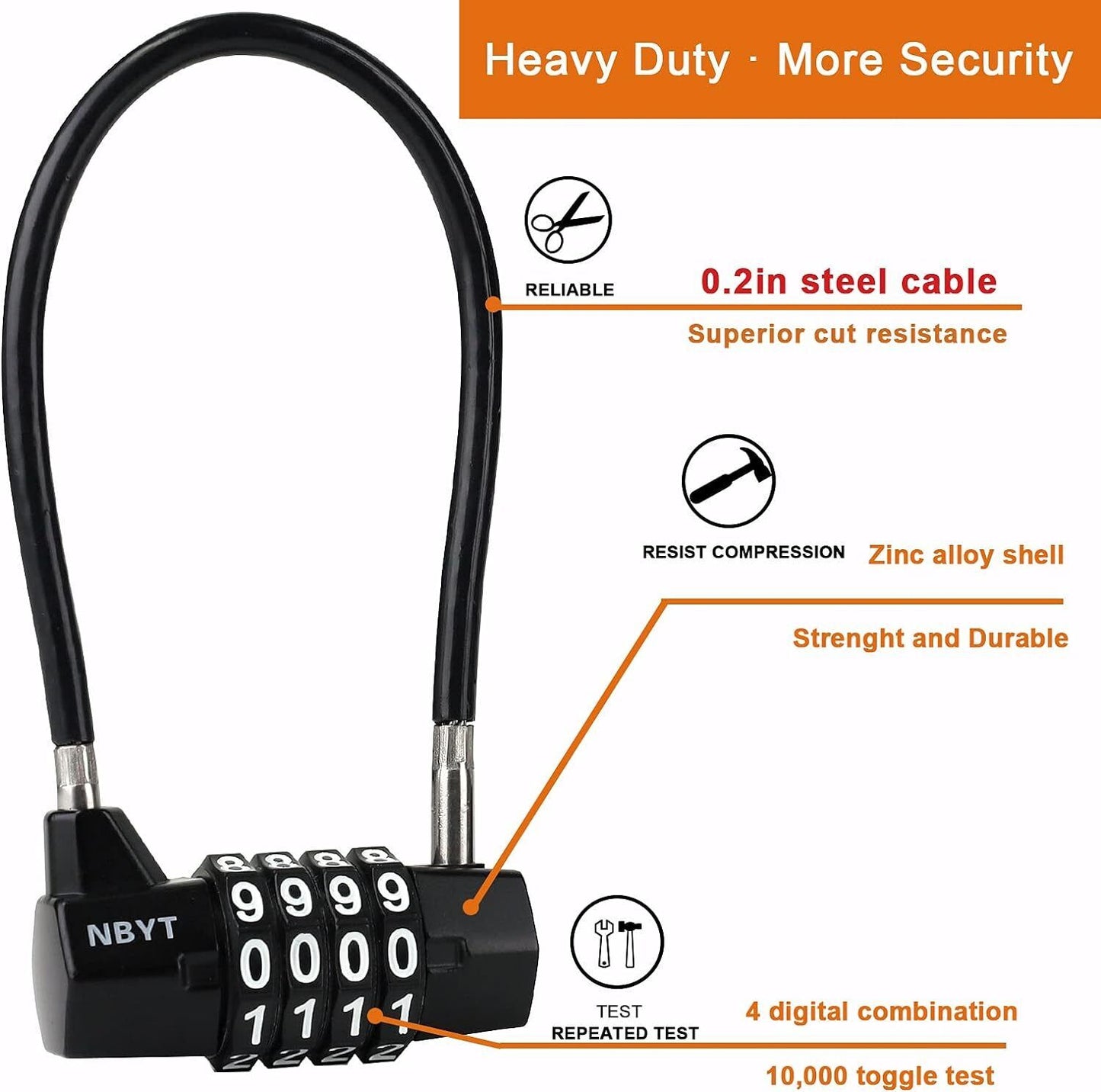 Steel Cable Rope 4-Digit Combination Padlock, Cabinet Door Handle Padlock,Diamet