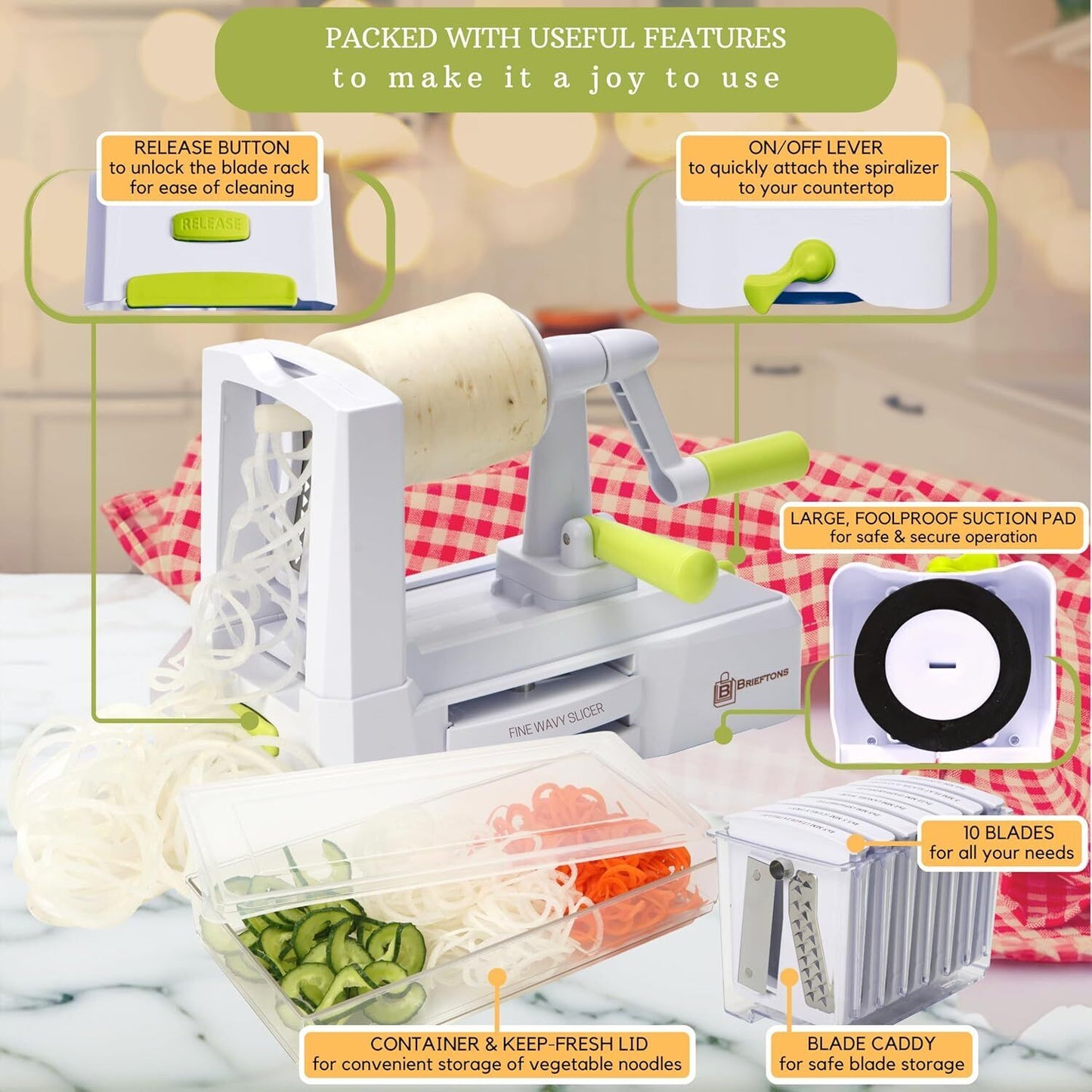 Brieftons 10-Blade Vegetable Spiralizer: Strongest-Heaviest Spiral Slicer, Best