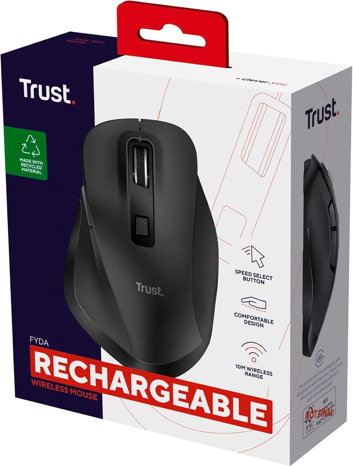 Trust Fyda Rechargeable Wireless Mouse Made With Recycled Materials, 800-2400 DP