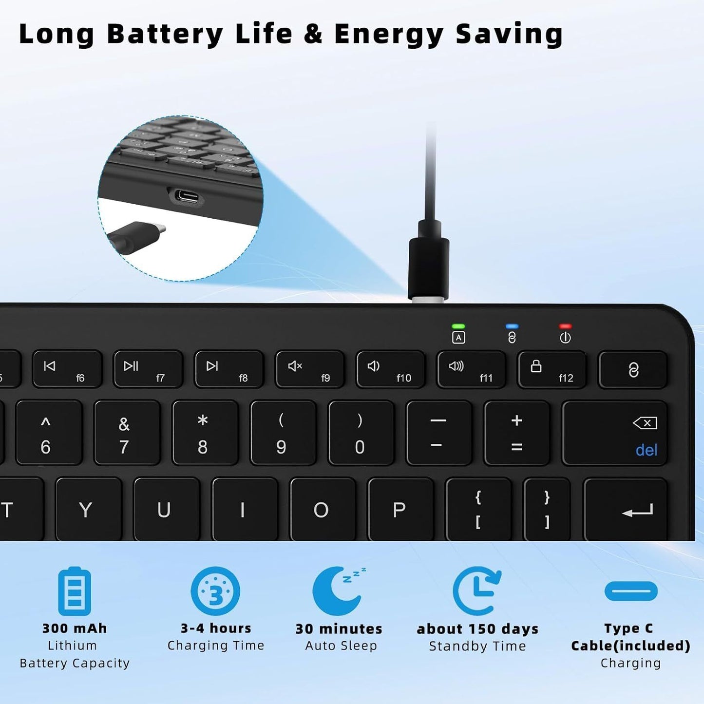 Bluetooth Wireless Keyboard, Mini Keyboard Rechargeable USB-C with Media Hotkeys