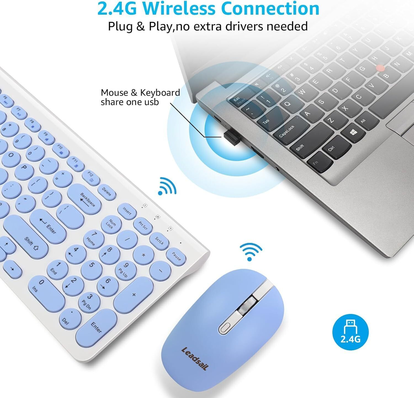 Leadsail KF29 Wireless Keyboard and Mouse Set, Wireless USB Mouse and Compact Co