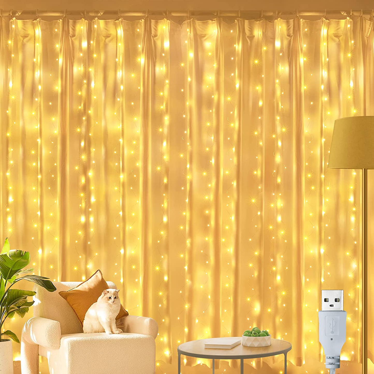 Curtain Fairy Lights 300 LED, USB Copper Wire, Warm White - 3M X 3M