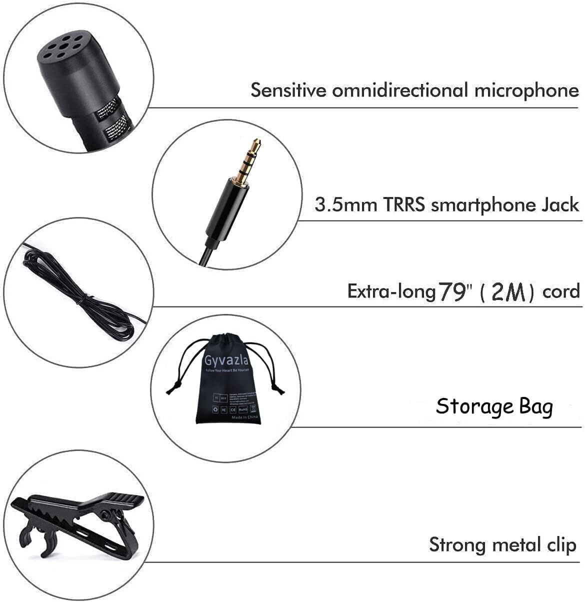 Lavalier Microphone, Professional Grade Omnidirectional Lapel Mic with Easy Clip