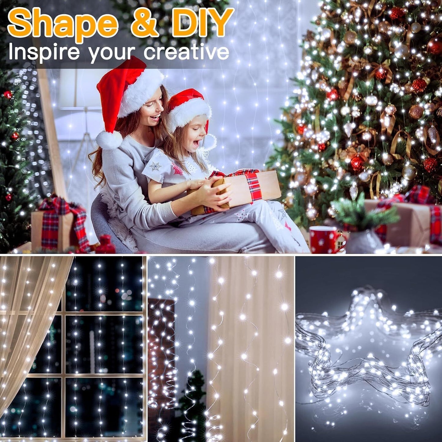 Ollny Curtain Fairy Lights, 200 LED 2m x 2m USB String Light Indoor Outdoor Wate