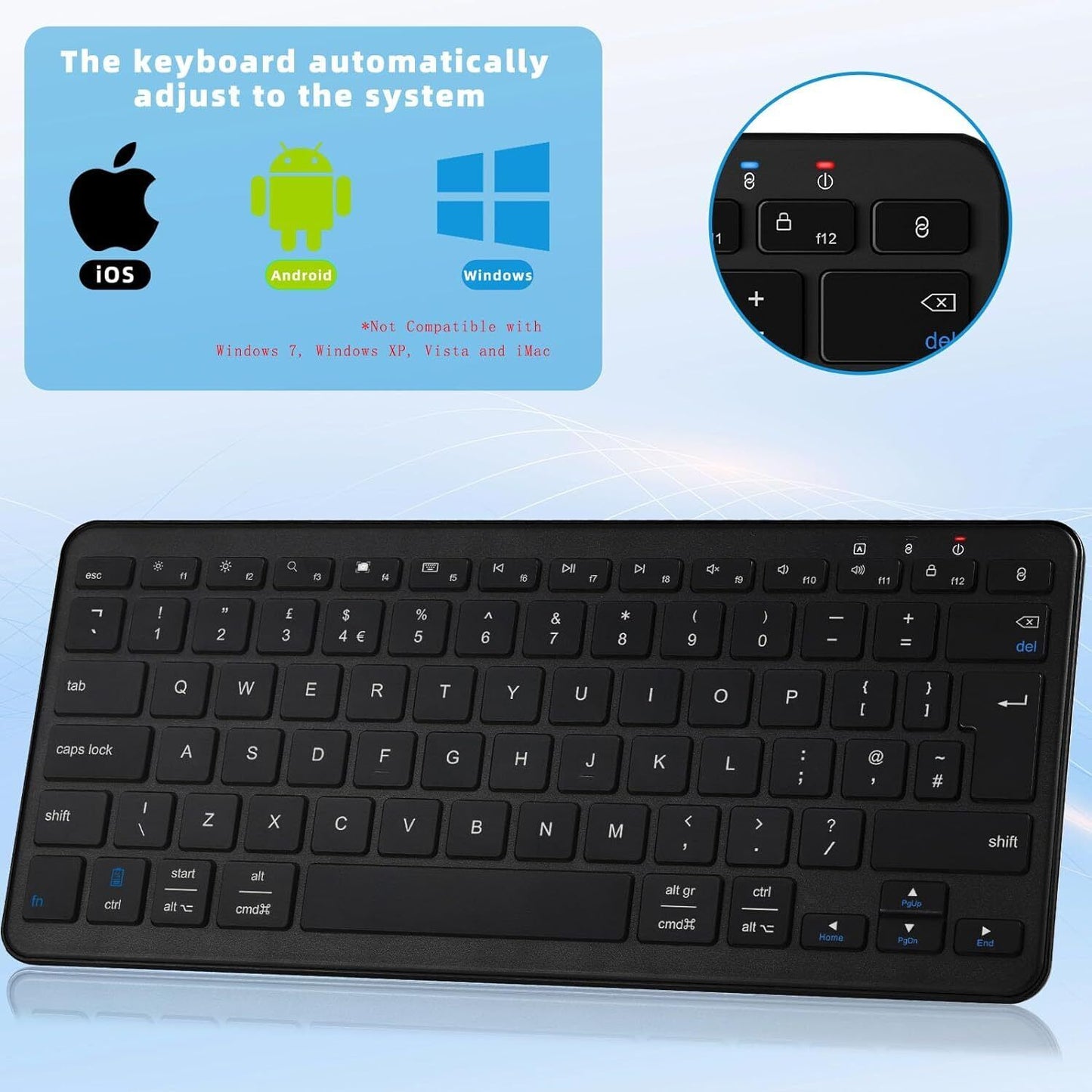 Bluetooth Wireless Keyboard, Mini Keyboard Rechargeable USB-C with Media Hotkeys