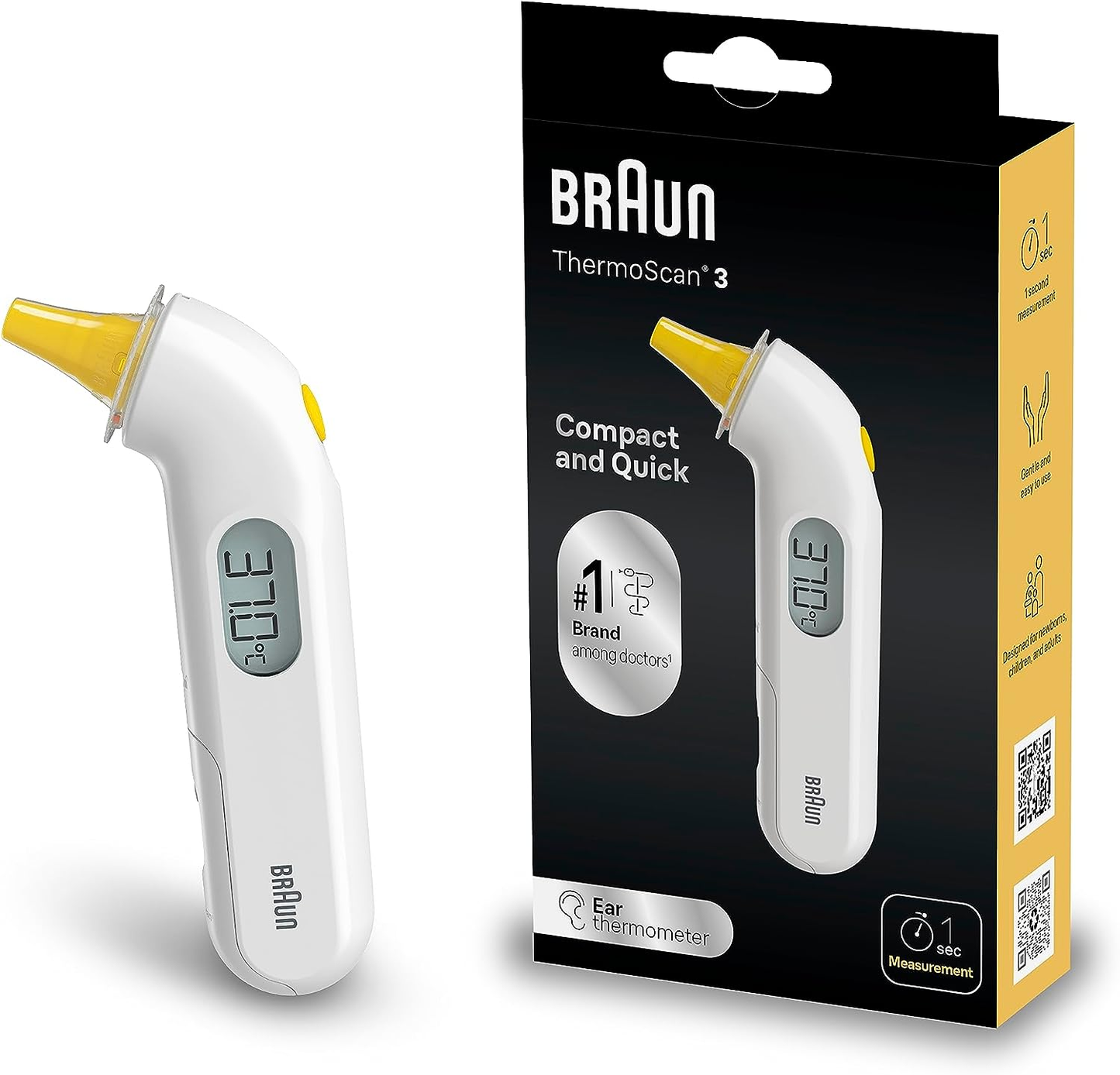 Braun ThermoScan 3 Ear thermometer - Fast 1 second measurement - Audio fever ind