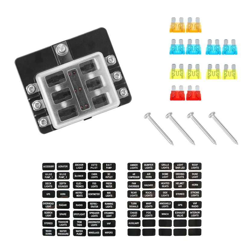 Fuse Box Holder for Auto Car Boat Marine M5 Stud with LED Indicator Light 6 Ways