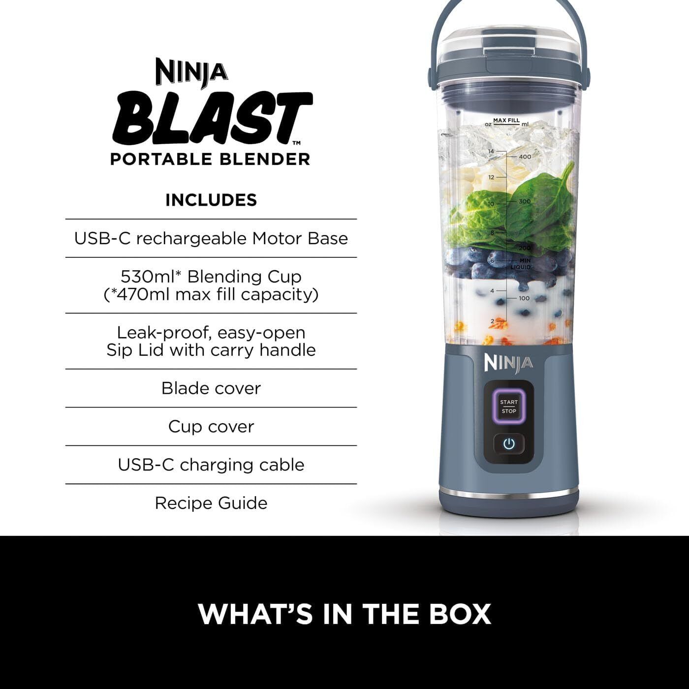 Blast Portable Blender, 530Ml, Leakproof Lid & Sip Spout, Powerful Cordless Mini