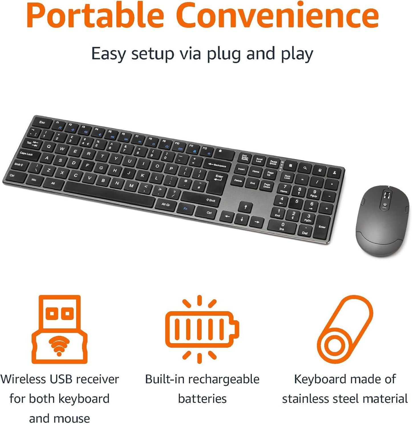 Amazon Basics Rechargeable Wireless Mouse - Ultra Slim, Quiet Full Size Keyboard