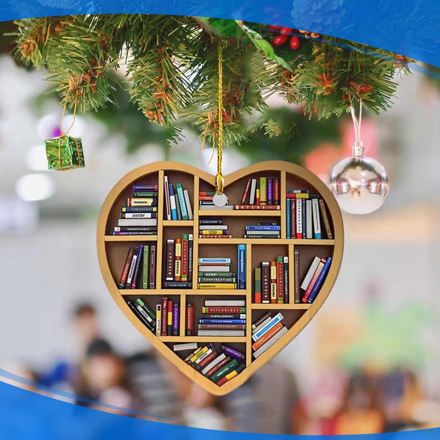 Book Lovers Heart-Shaped Bookshelf Pendant Ornament Christmas Tree Decor Gifts