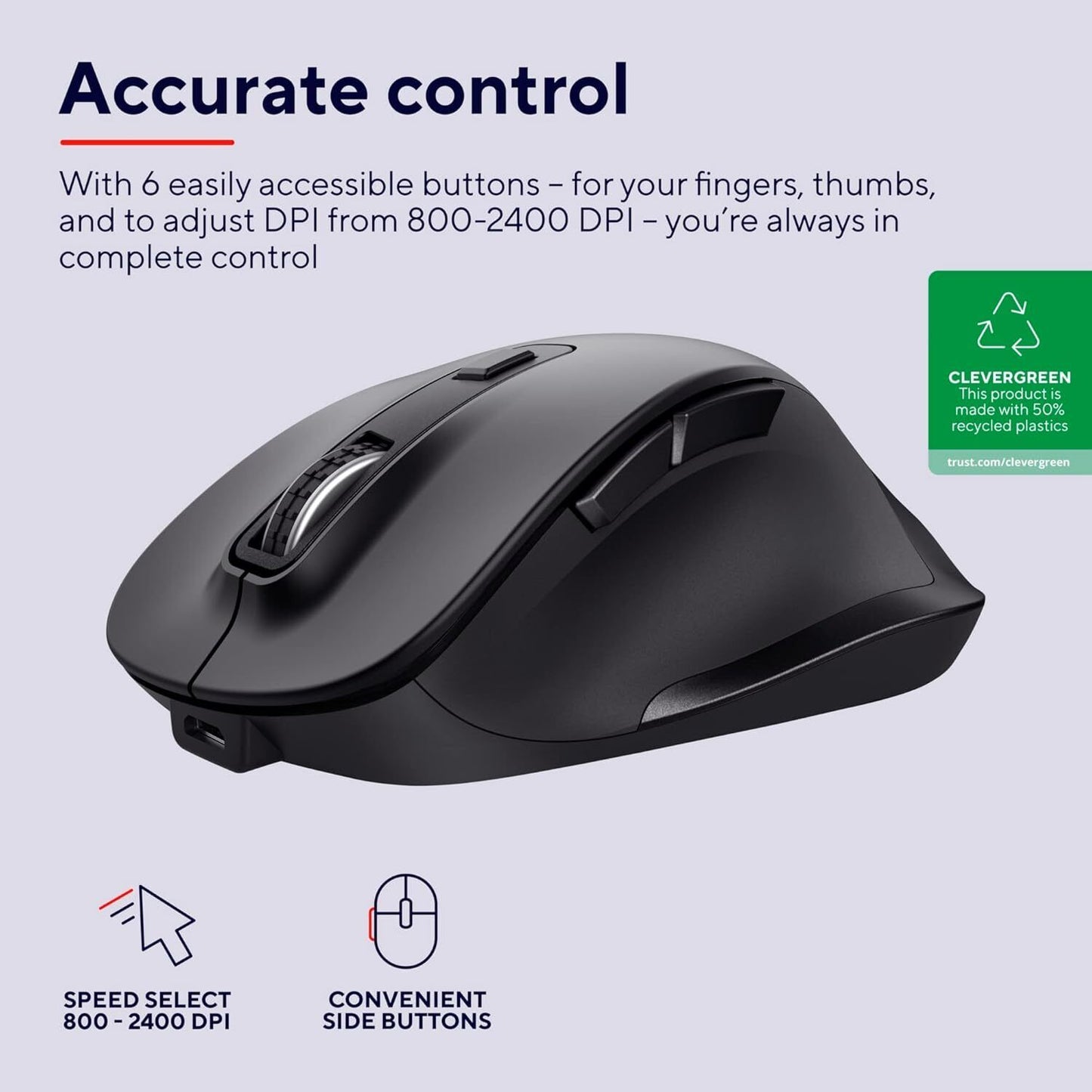 Trust Fyda Rechargeable Wireless Mouse Made With Recycled Materials, 800-2400 DP