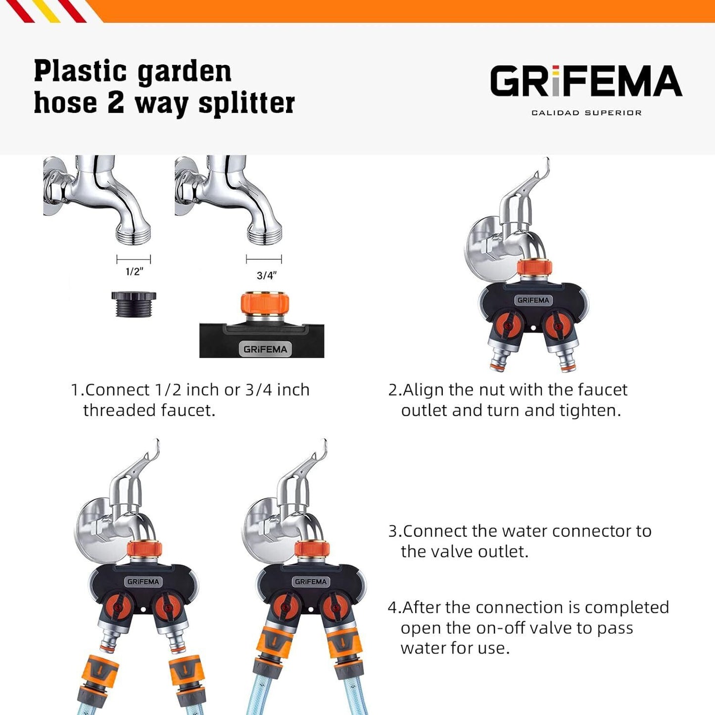 Grifema GE1401-2 Garden Hose Splitter 2 Way, Double Hose Connector, Y Valve Wate