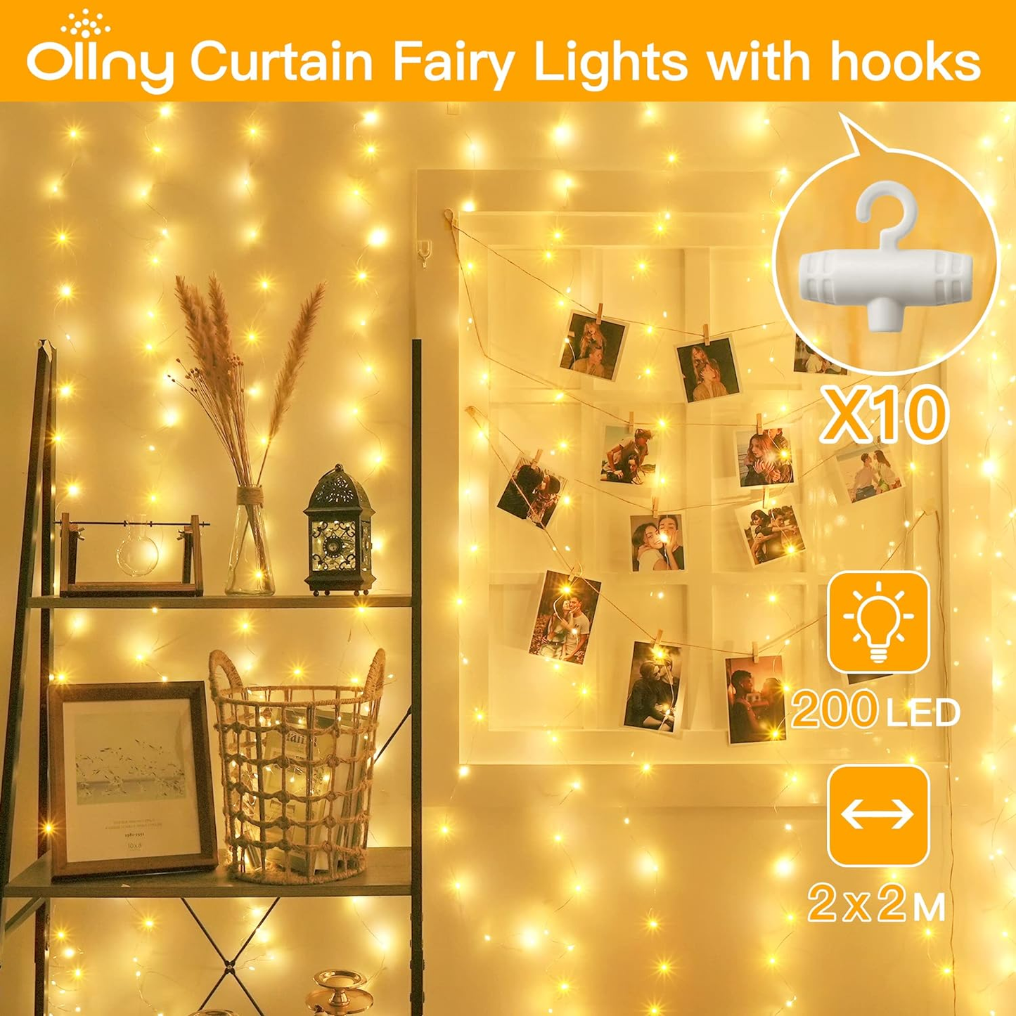 Curtain Fairy Lights 200 LED, USB Copper Wire, Warm White - 2M X 2M