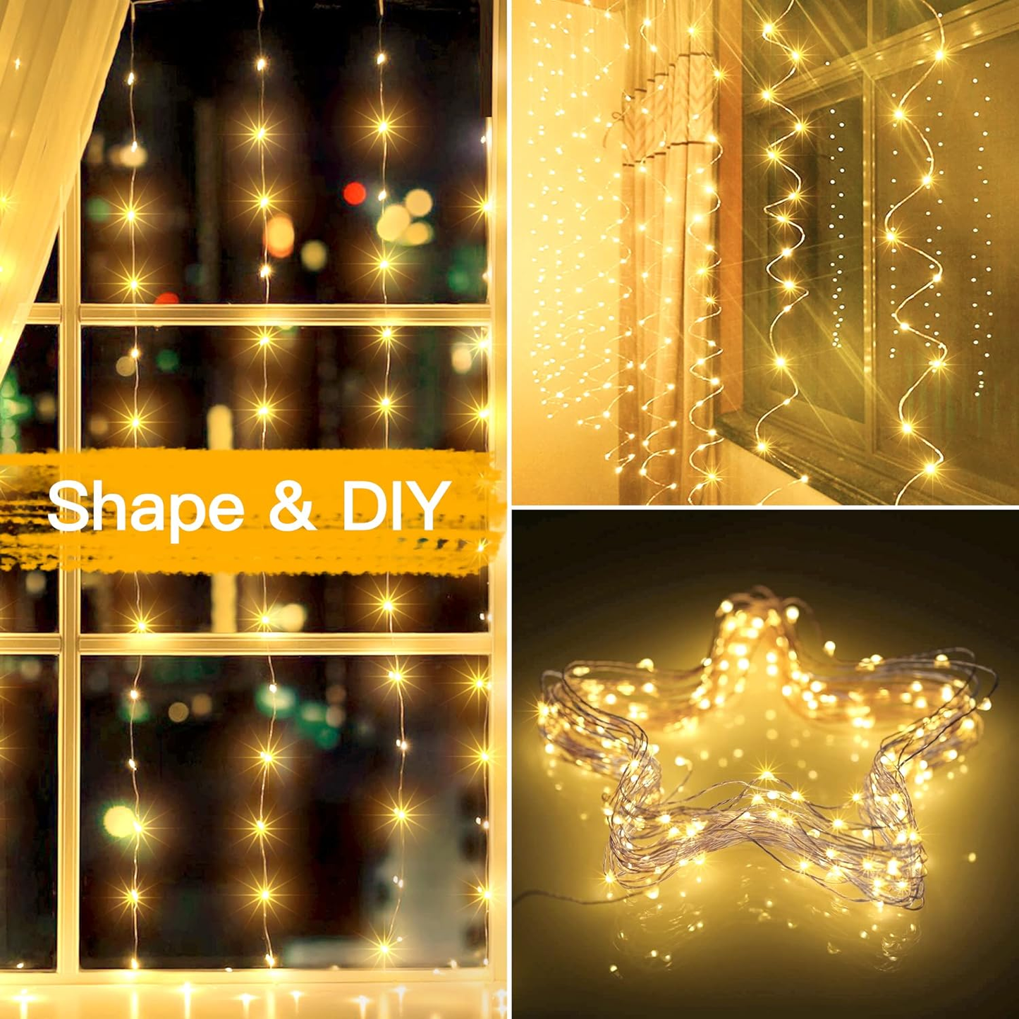 Curtain Fairy Lights 200 LED, USB Copper Wire, Warm White - 2M X 2M