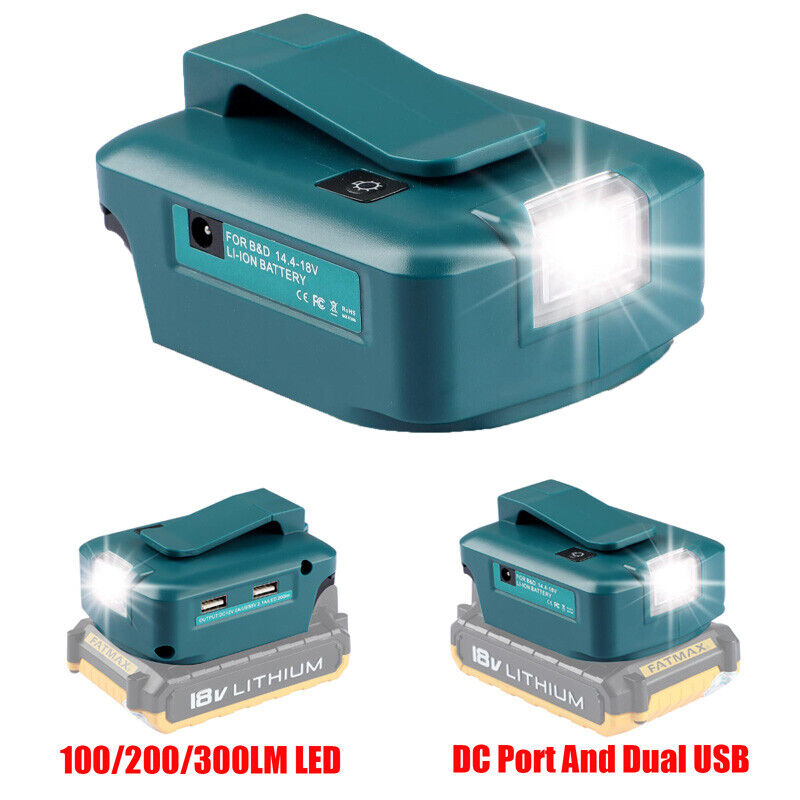 LED Work Light 2 USB DC Output for Black+Decker 14.4-18V Li-Ion Battery